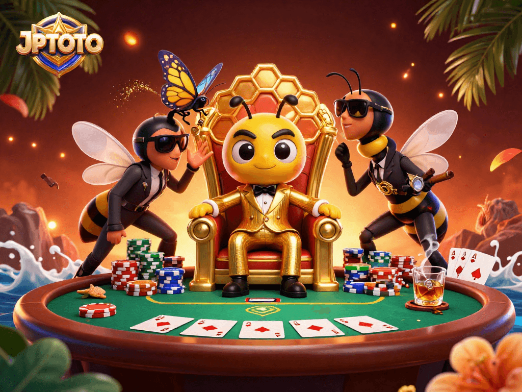 Engage with JPTOTO's dynamic casino scene showcasing a cartoon bumblebee mob boss among poker chips.