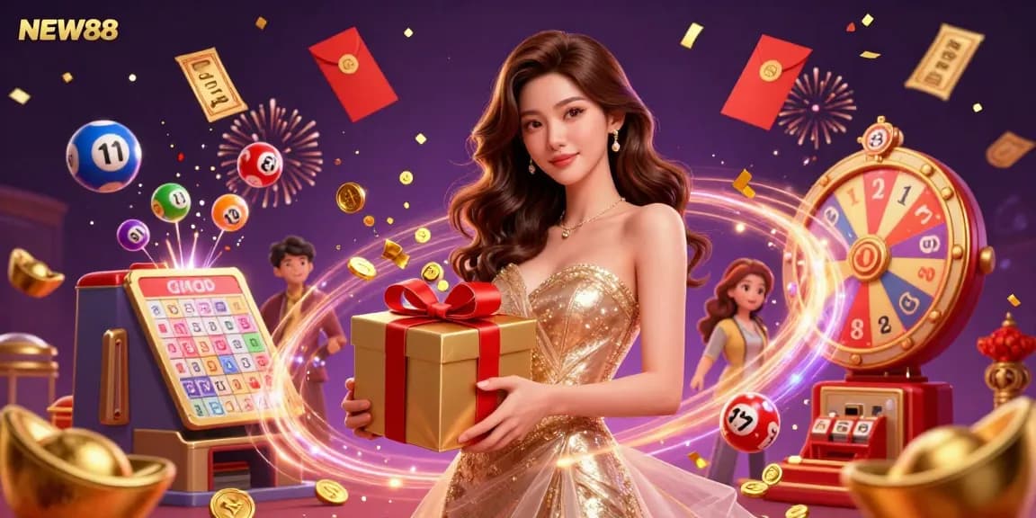Experience the excitement of NEW88 with a festive Lunar New Year casino scene featuring vibrant games and celebratory elements.