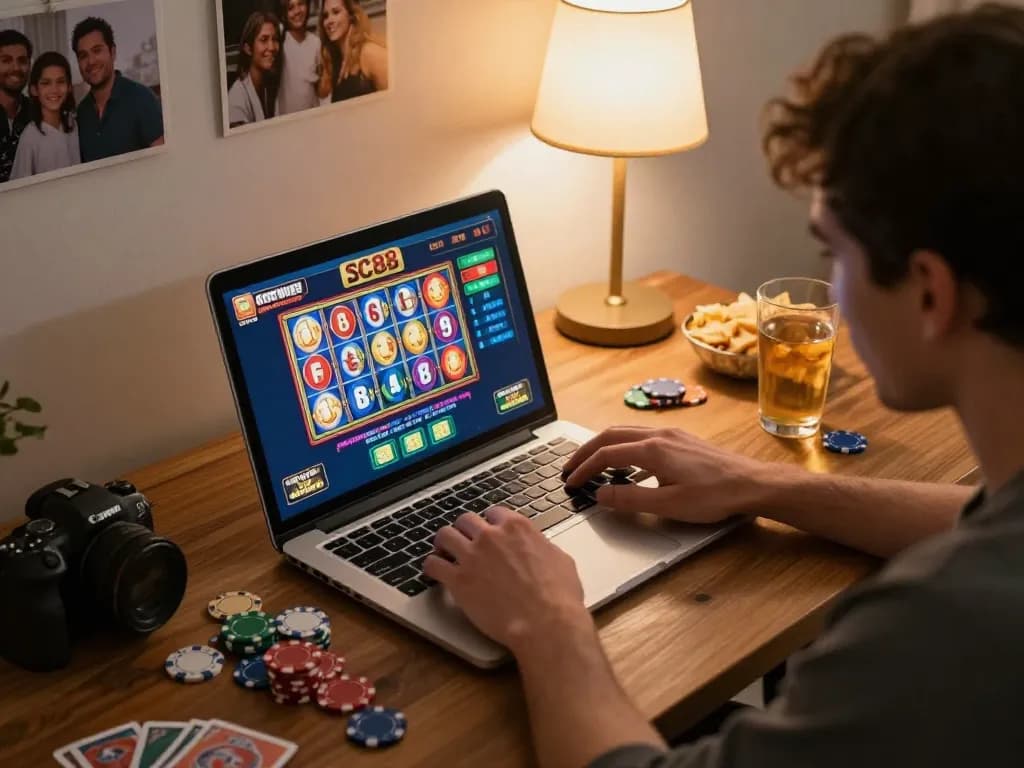 Engaging online casino session at SC88 with player using laptop, showcasing dynamic slots interface.