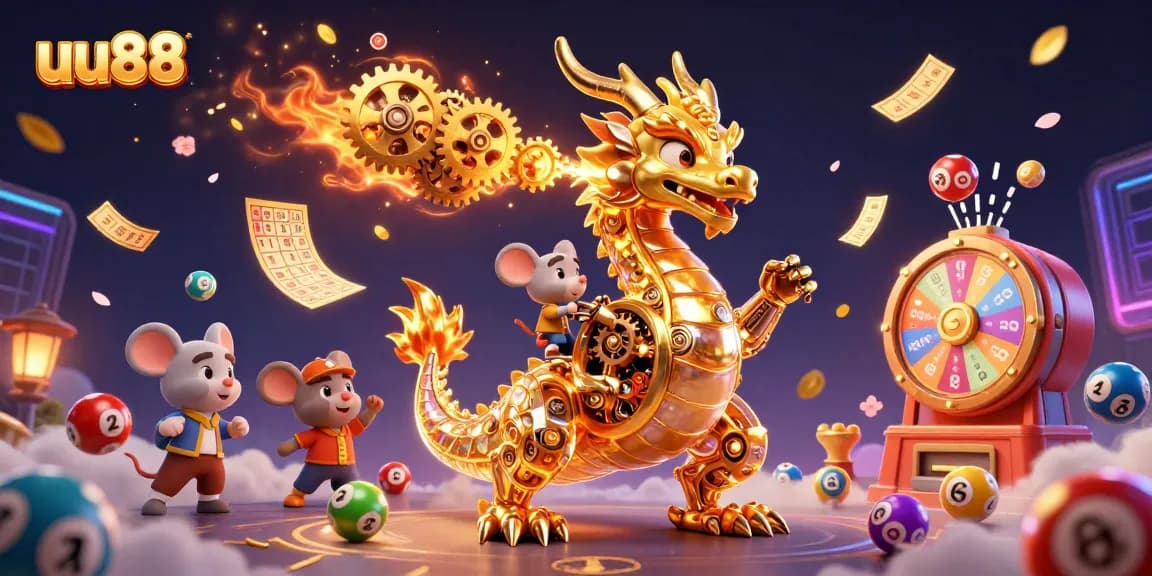 Play exciting games at uu88 with a dynamic scene featuring a golden dragon and lottery elements.
