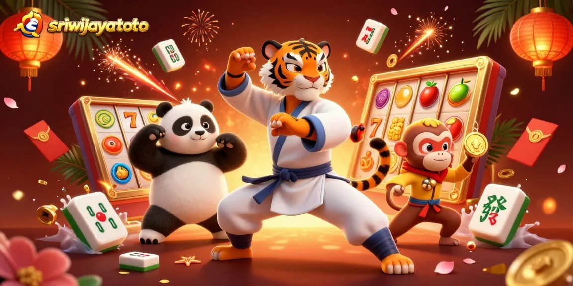 Sriwijayatoto showcases an exciting scene of a kung fu tiger master and panda disciple amidst vibrant slots and festive decorations, celebrating gaming success.