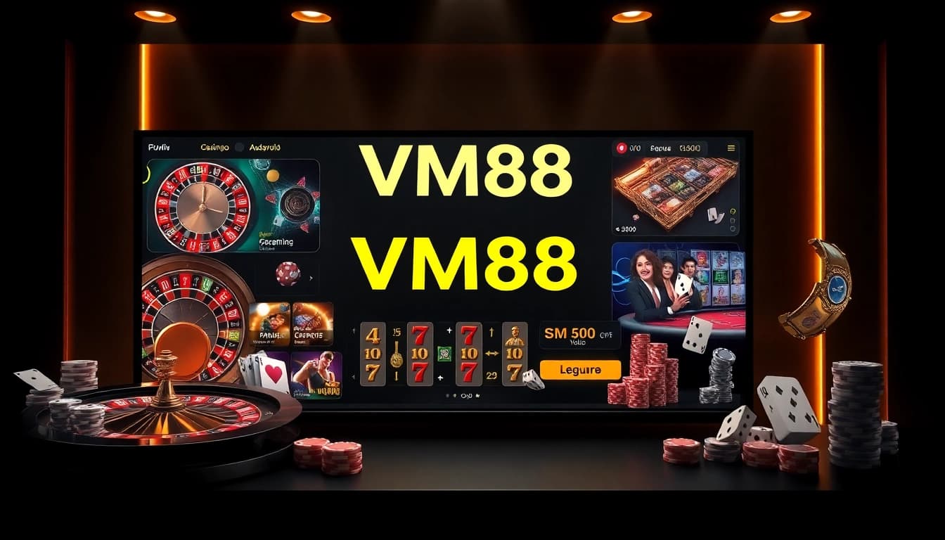 VM88 online casino interface showcasing dynamic roulette, poker chips, and slot reels in professional betting environment