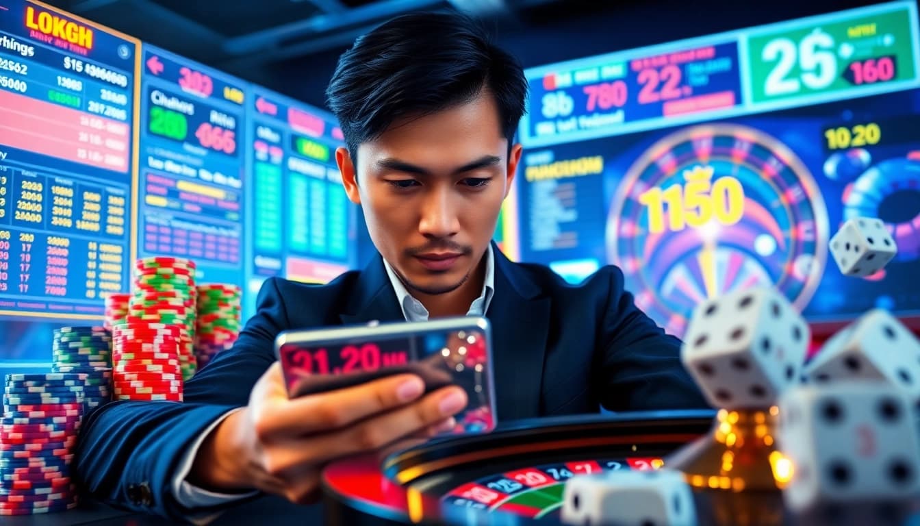 Lô đề trực tuyến player managing fast lottery betting with vibrant digital interface and chips