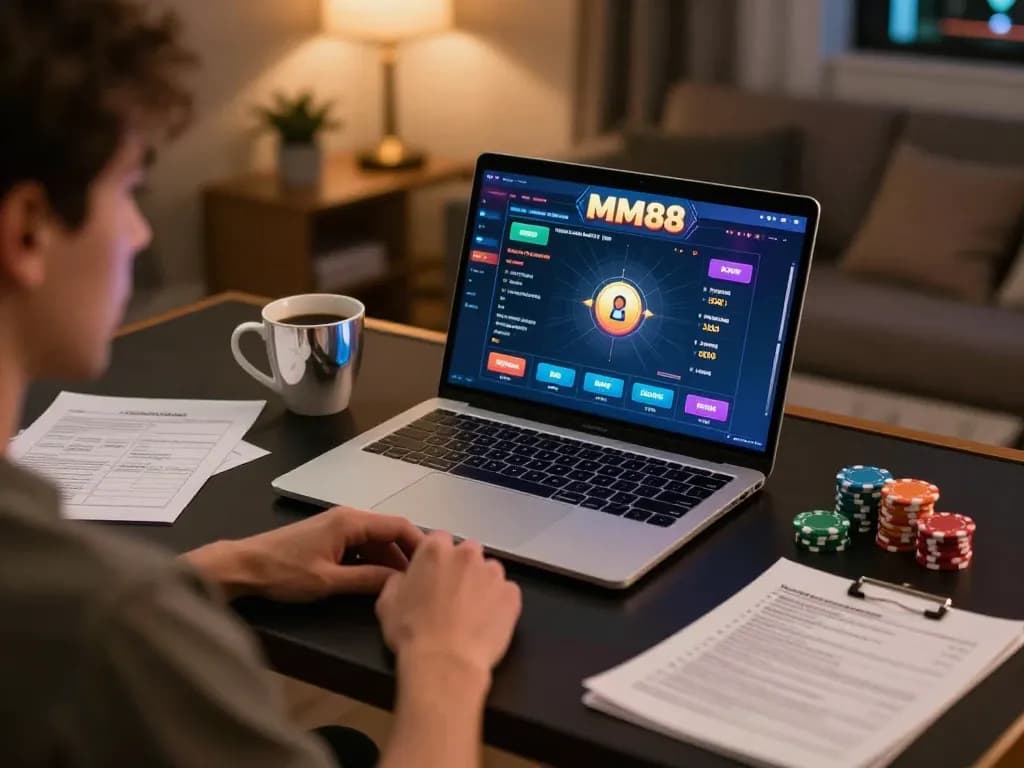 Engaging moment of online gaming with MM88 interface displayed on a laptop, capturing the thrill of digital gambling.