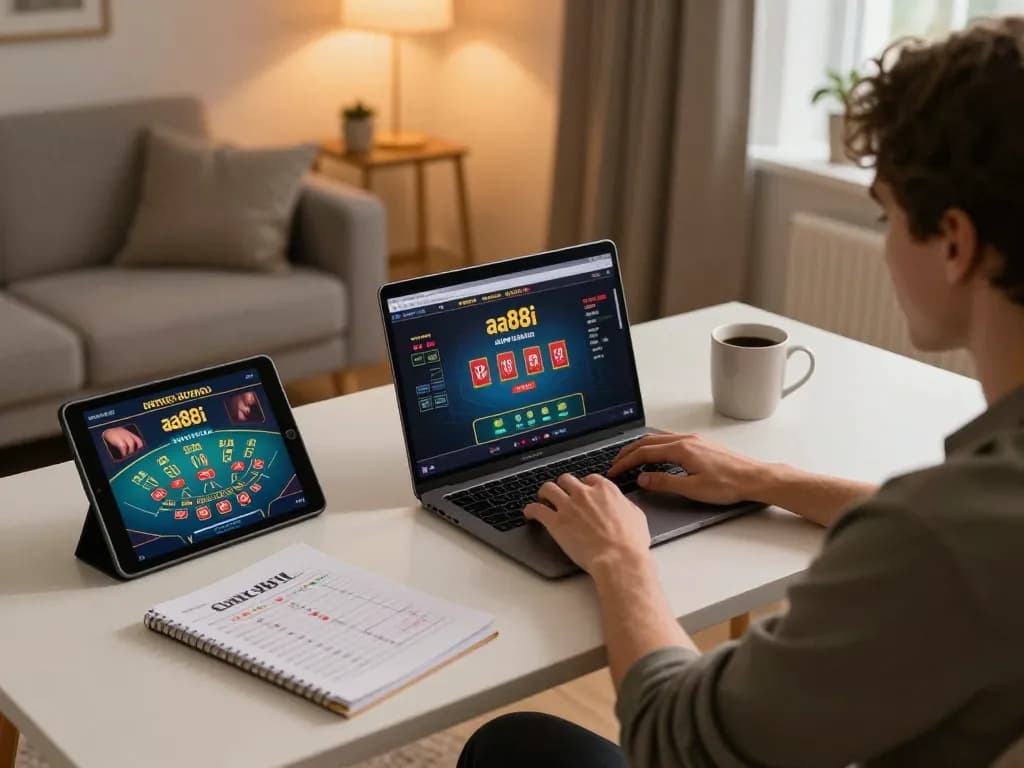 Player engaging with the aa88i online casino on a laptop, showcasing strategic gaming in a cozy home setup.