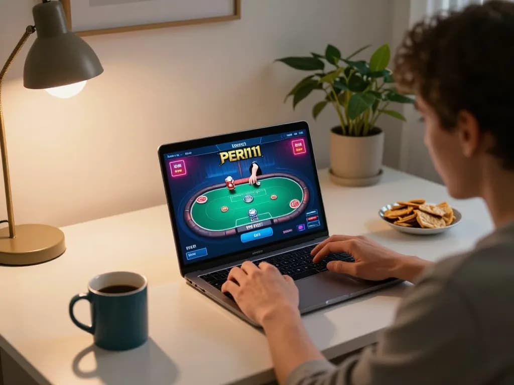 Engaging in exciting PERI11 online gaming at home with focused player and vibrant interface