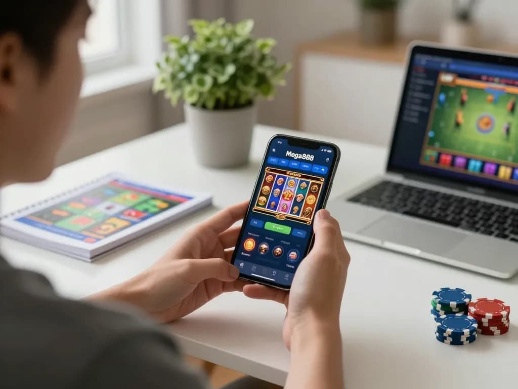 Engaged player enjoying Mega888 App on a smartphone, showcasing vibrant slot game.