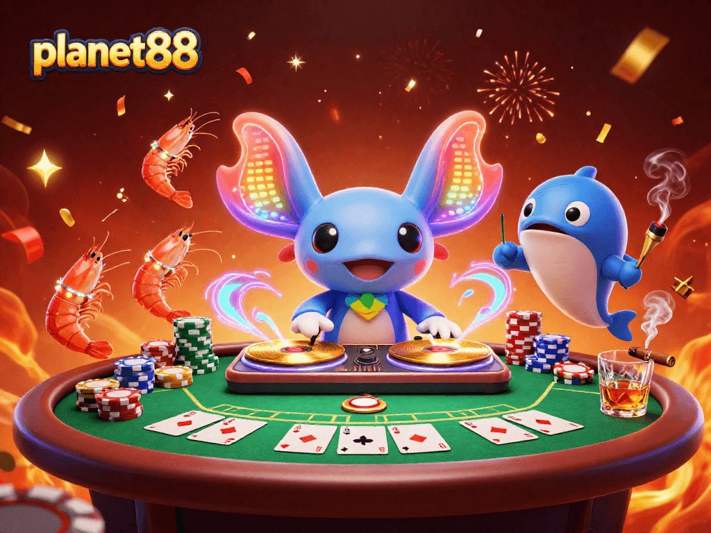 Experience the excitement of planet88 gaming with a vibrant 3D illustration featuring unique casino characters.