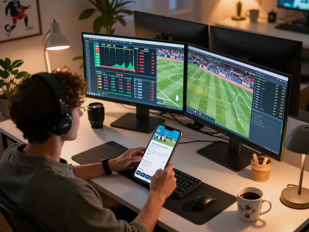Engage with kèo nhà cái while placing live sports bets on a dual-monitor online setup, showcasing real-time odds and metrics.