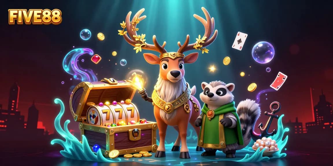 Experience the thrill of gameplay at FIVE88 with vibrant slot reels and dynamic characters.