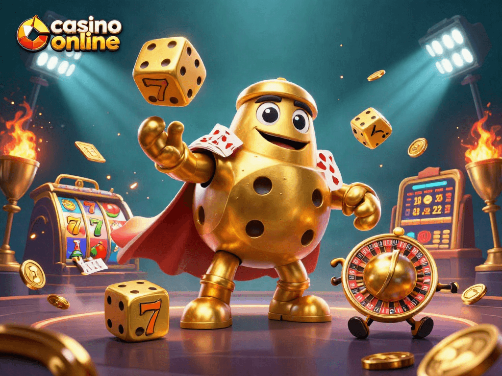 Engage in thrilling action with a golden dice golem and vibrant casino online elements in an epic 3D illustration.