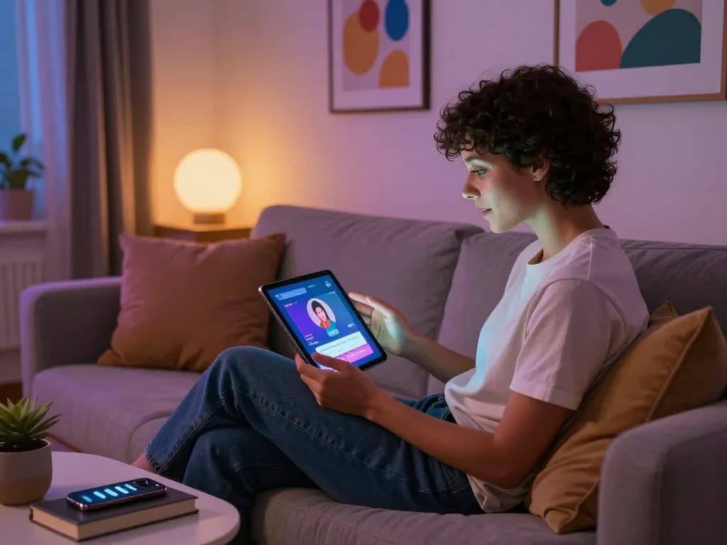 Engaging ai sex chat experience in a cozy modern living room with digital companions.