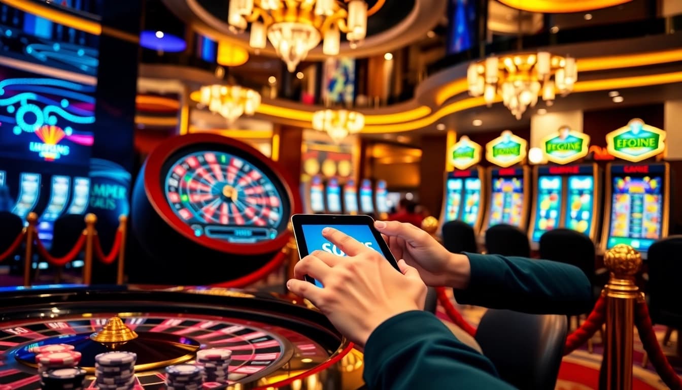 Experience gambling excitement with Leci123's app download on Android and iOS in a luxurious casino scene.