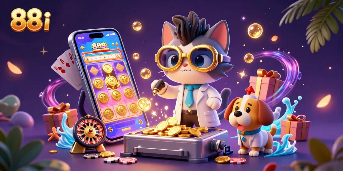 Spin the reels with 88 i; 3D cat scientist creating a gold coin machine amidst vibrant gambling elements.