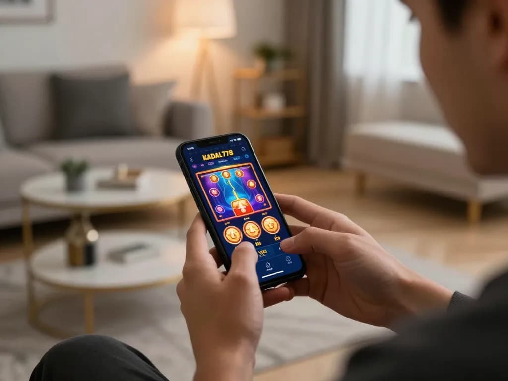 KADAL778 app gaming scene with player immersed in online casino strategy on smartphone in cozy home