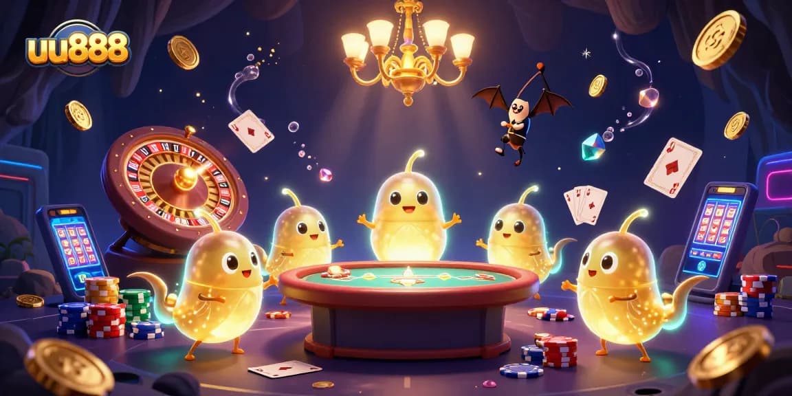 Engage in exciting gambling at uu888 with vibrant neon glowworms lighting up a cave casino.