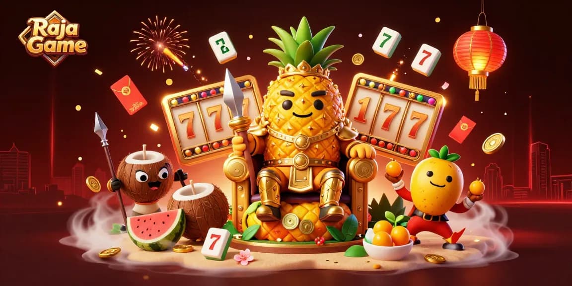 Engage with Raja Game's vibrant casino scene featuring a golden pineapple king and coconut guards.