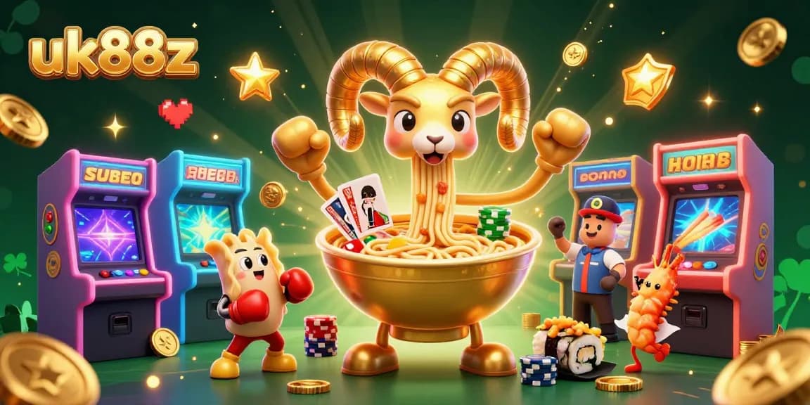 Experience the thrill of gaming with uk88z as a golden ramen bowl dealer entertains with cards and chips.