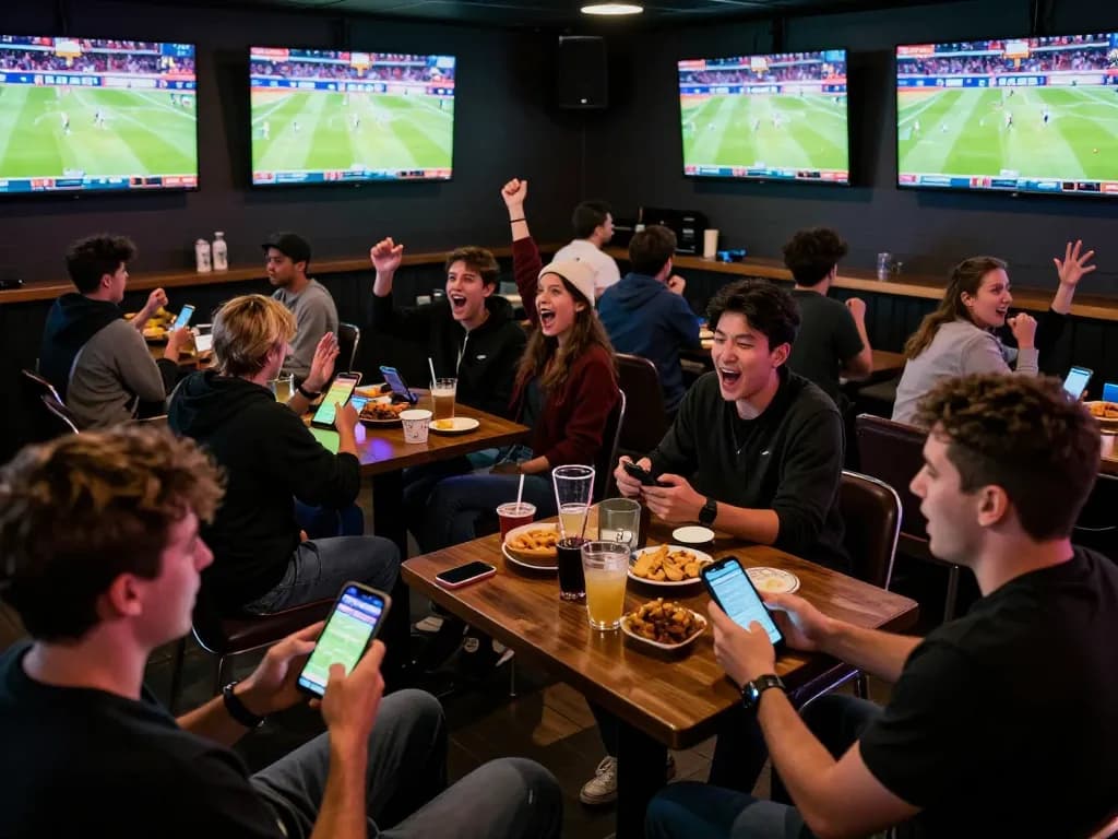 Engaged bettors using mobile devices at NHÀ CÁI 33WIN to place live bets during an exciting sports event.