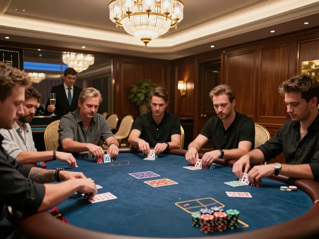 Players engaging in an exciting poker game at 100VIP's luxurious VIP gaming room.
