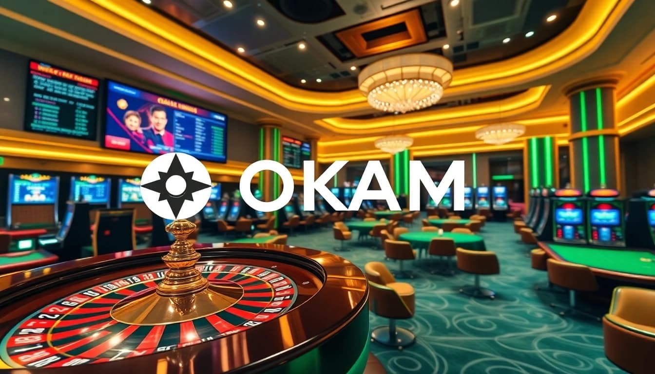 Experience the thrill of online gambling at OKATM, featuring vibrant casino visuals and dynamic gaming action.