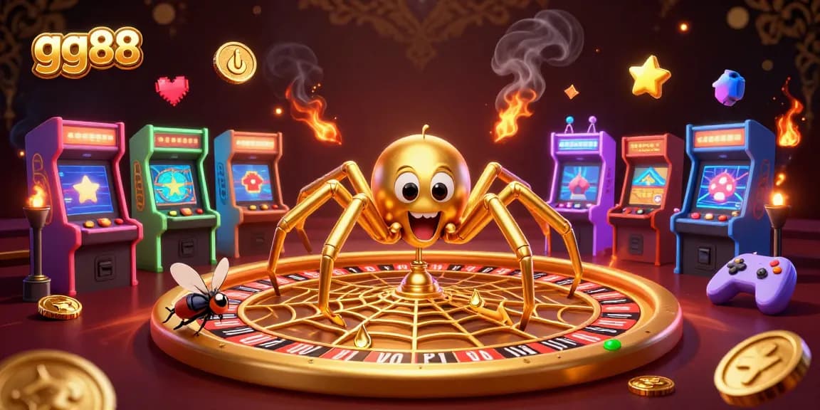 Place bets nervously as gg88’s golden spider spins a roulette wheel web in this lively casino illustration.