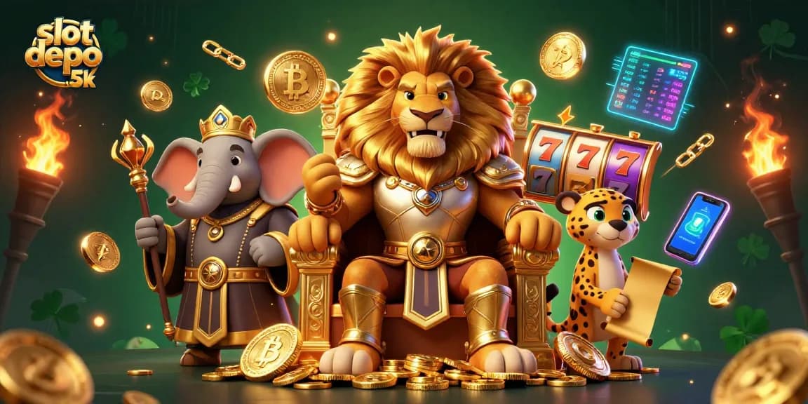Spin and win with slot depo 5k in a vibrant casino-inspired scene featuring a lion king and golden elements.