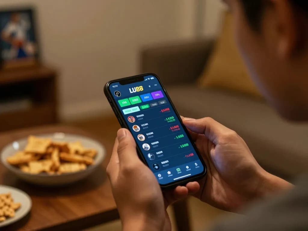 Person engaging in online betting on LU88 app, showcasing live sports odds and gaming excitement.