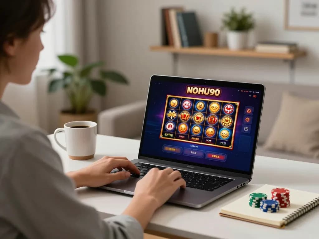 Player engaging in online gaming with NOHU90, showcasing a cozy home setup with laptop and chips.