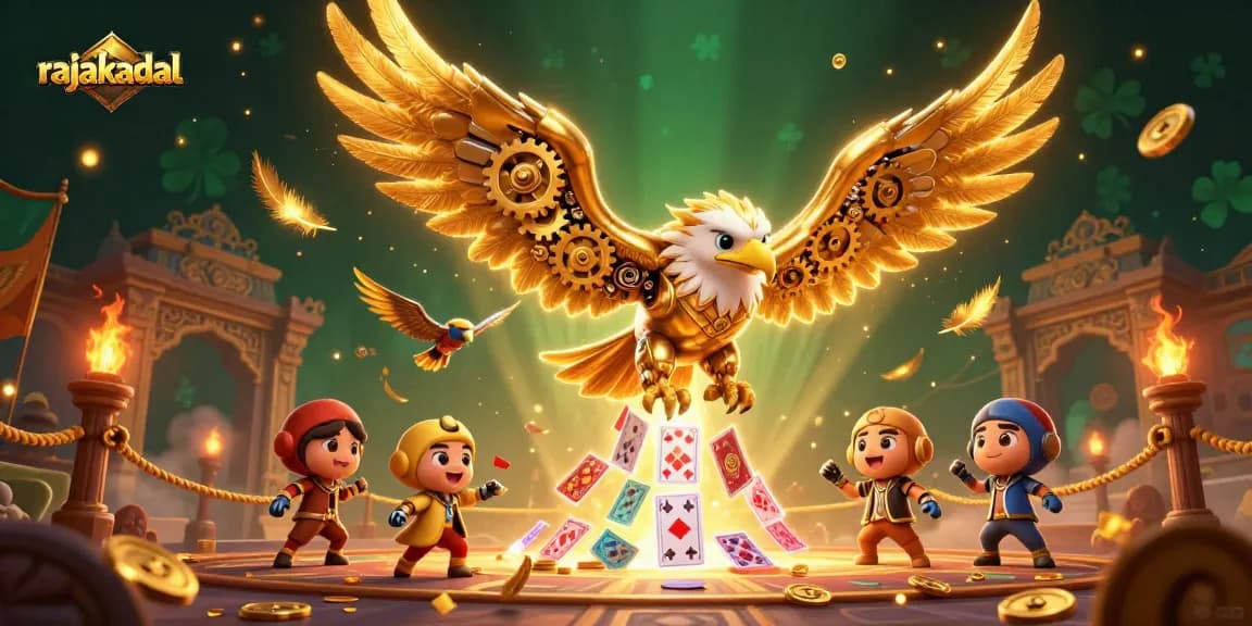 Menangkan permainan di rajakadal dengan ilustrasi burung ular emas dan kartu holografik yang berkilauan.
