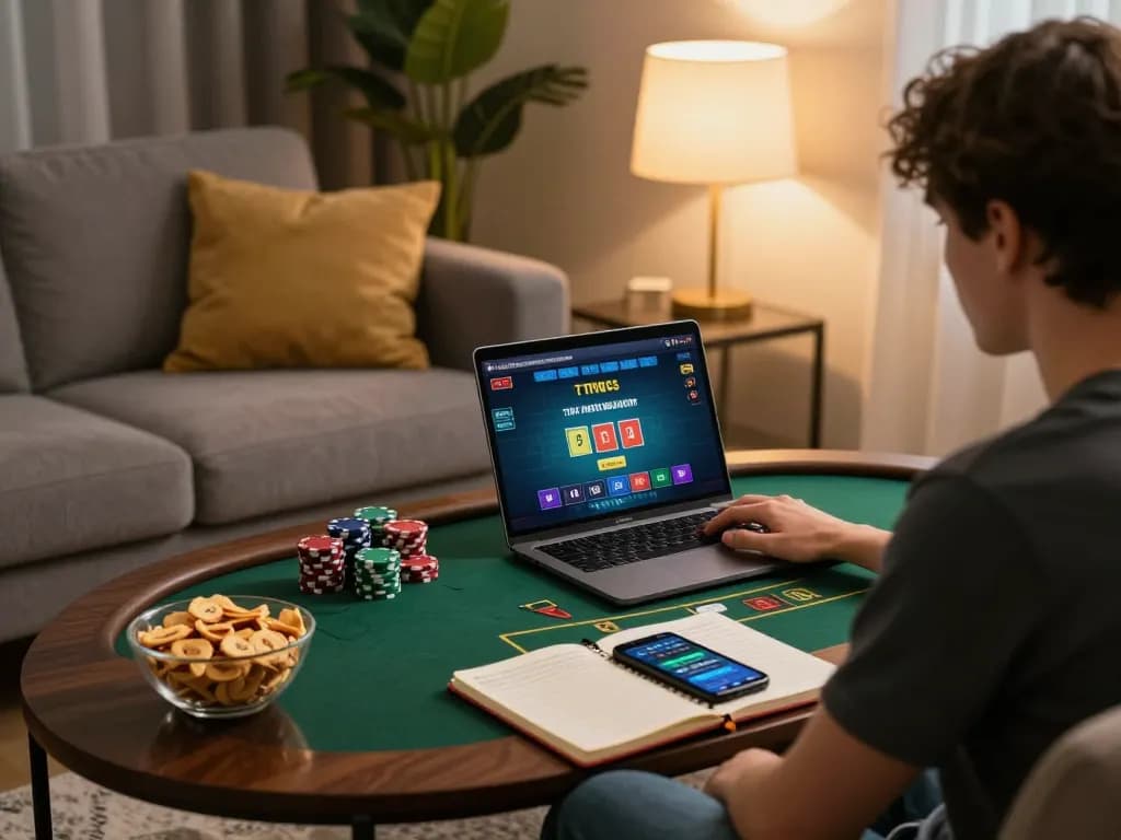 Engaging with OKFUN on a laptop while enjoying comfortable home gaming setup.