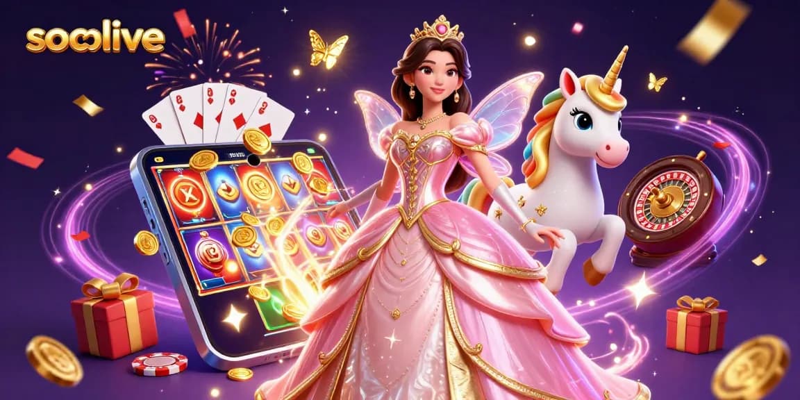 Join the fun at socolive with vibrant slot action, a stunning princess, and a golden unicorn.