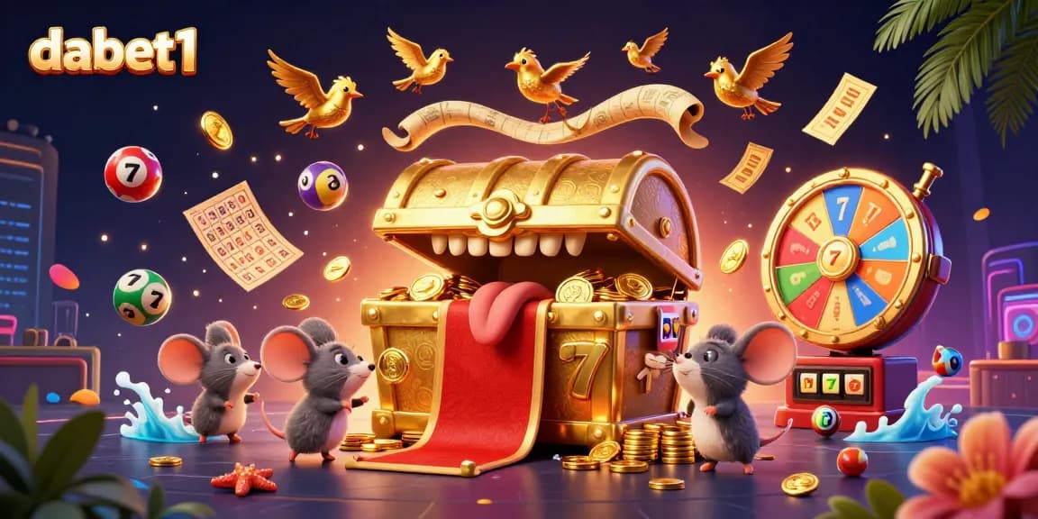 dabet1 showcases a vibrant 3D treasure chest inviting adventurer mice with dynamic casino elements.