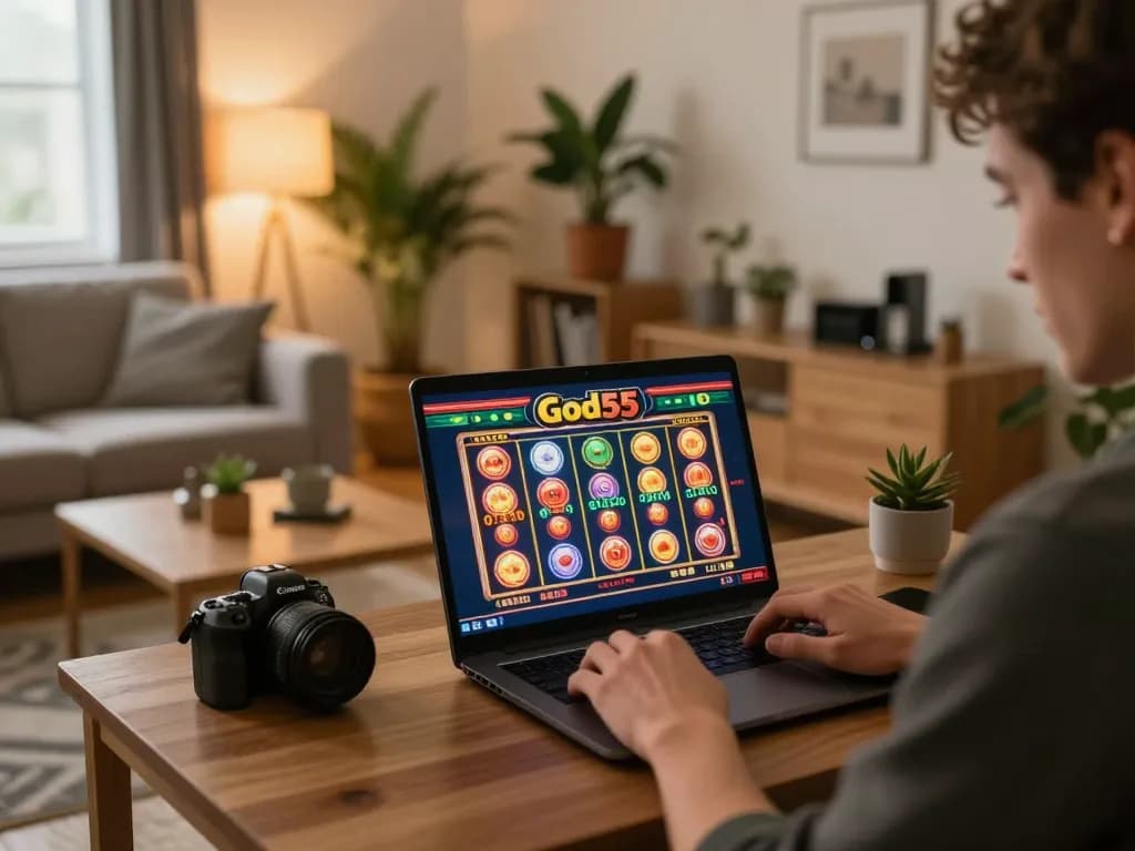 Player enjoying a God55 online slot game in cozy home setting, conveying strategic gaming approach.