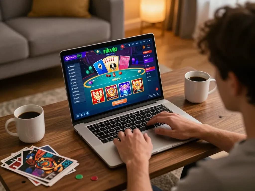 Engaging player using rikvip platform on laptop in cozy home setting, emphasizing online gaming experience.