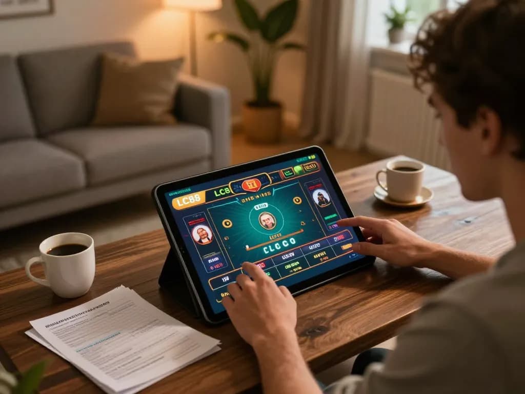 Player engaging with LC88 live dealer game on tablet in a cozy gaming setup
