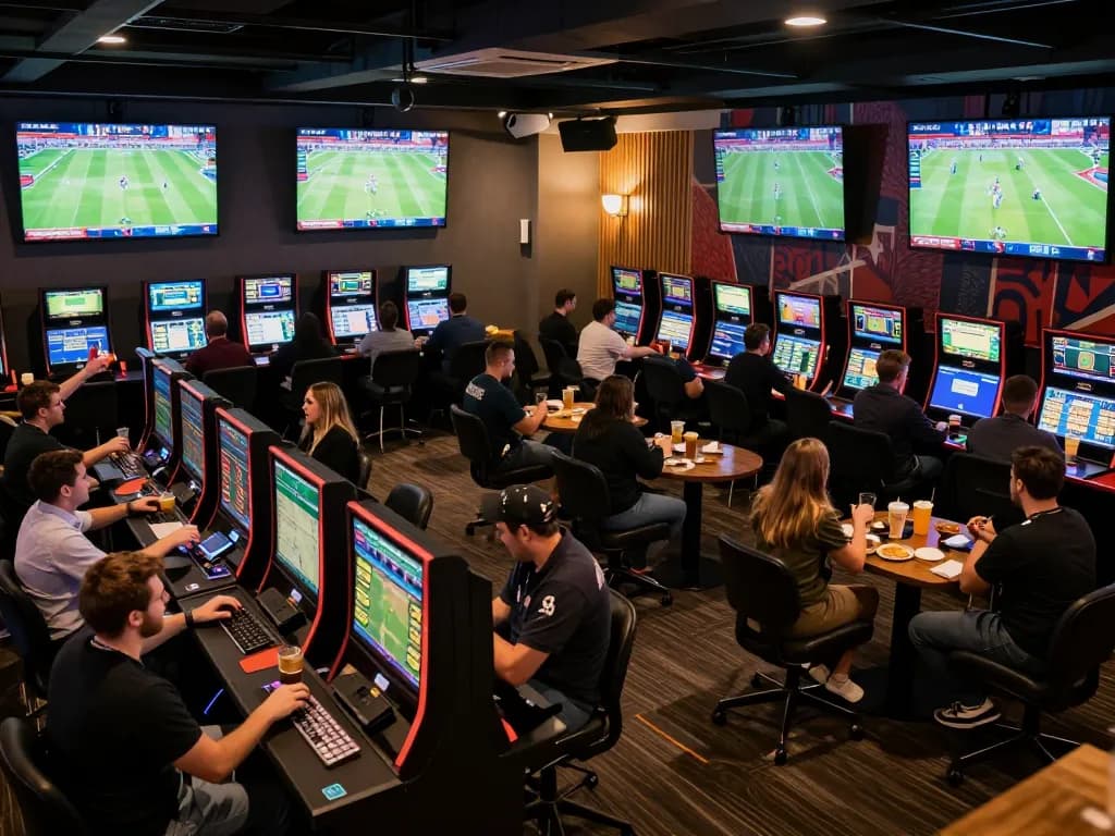Experience soc88 live betting excitement in a vibrant sports lounge filled with screens and fans cheering