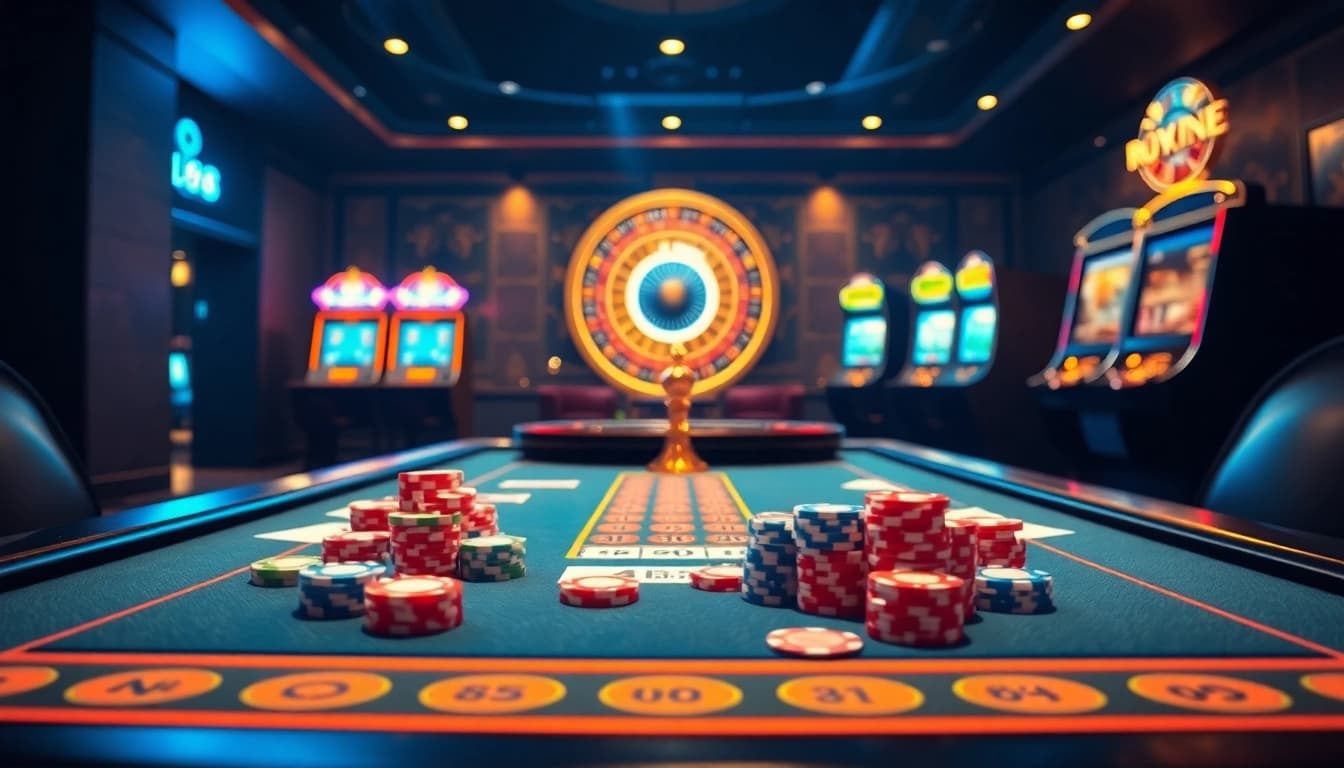 Engaging scene of gambling excitement at https://bem88.com with poker chips and roulette wheel.