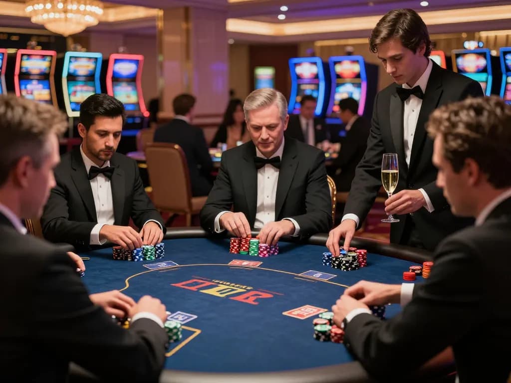 Players enjoying strategic poker gameplay at 888New high-roller table with soft ambient lighting.
