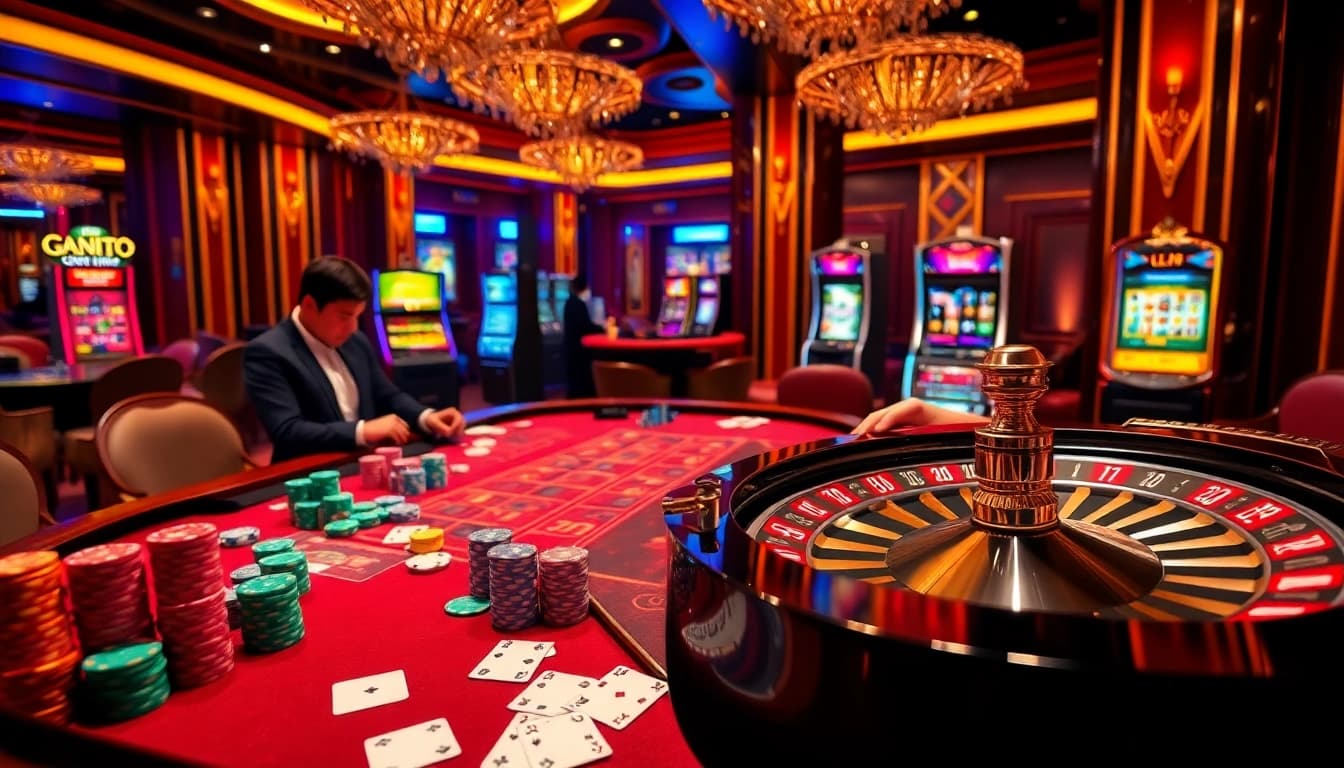 A thrilling casino scene with a roulette wheel and poker chips representing https://lv88.ltd/ excitement in gambling.
