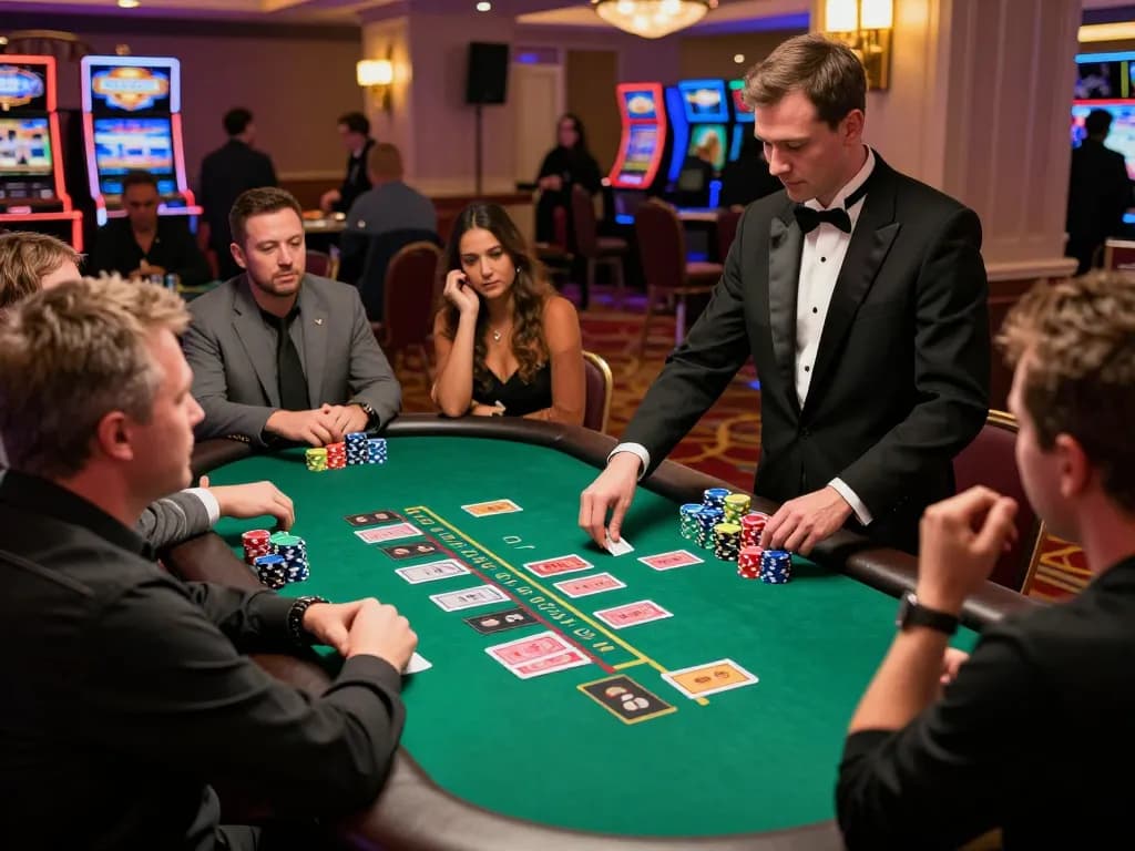 Players engaging in a thrilling blackjack game at HM88 casino, with vibrant lighting and intense focus.