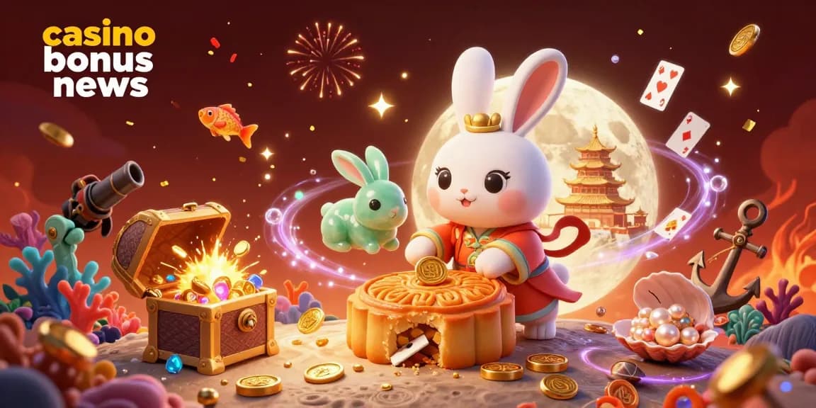 This casino bonus news illustration highlights a moon rabbit revealing poker chips amid festive elements.