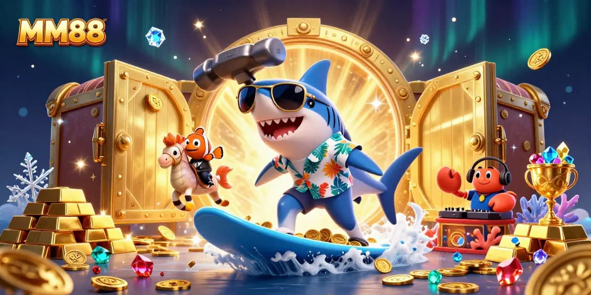 Experience thrilling adventures with MM88 as a shark rides waves of gold coins while gems sparkle beside him.