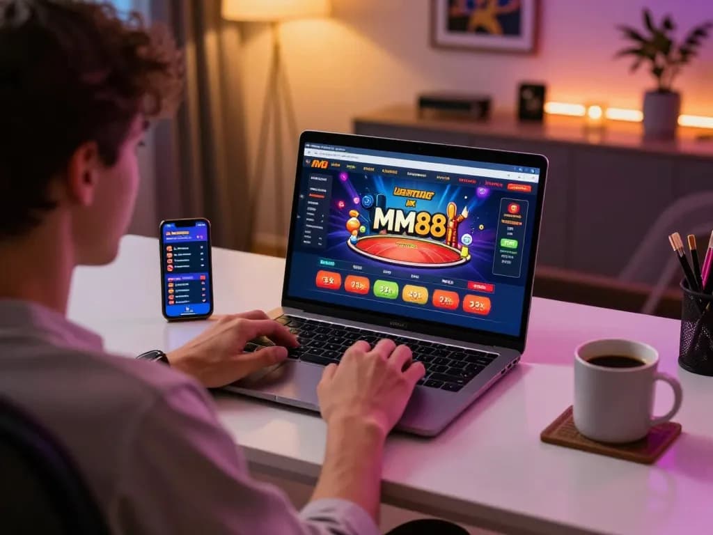 Player engaging with mm88 online casino interface on laptop while enjoying a cozy home setup