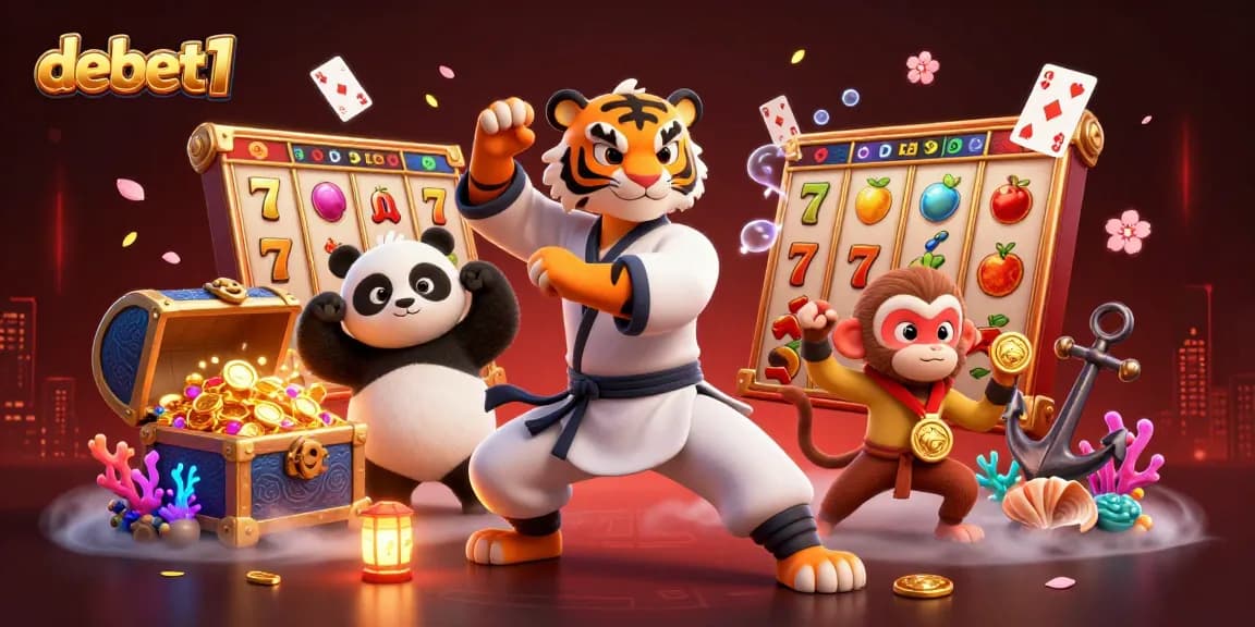 Engage with debet1's thrilling slot experience featuring a kung fu tiger and magical treasures.