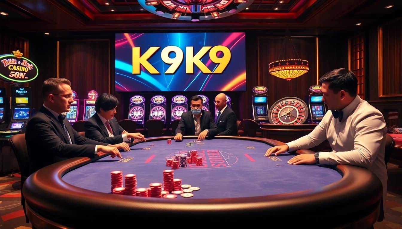 K9K9 online gambling excitement with a poker table scene showcasing high-stakes gameplay