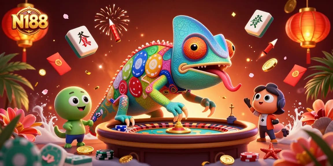 N188 casino owner chameleon snaps coins amidst vibrant gaming elements and lucky symbols.