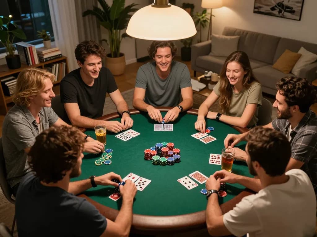Friends playing poker at home, showcasing vipwin excitement and strategy in a friendly atmosphere.