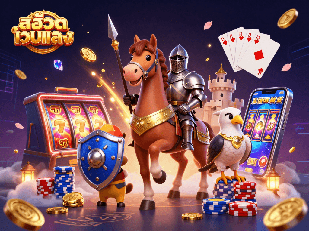 Engaging scene of สล็อตเว็บตรง with a knight, puppy, and falcon amidst dynamic casino elements.