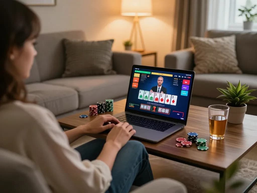 KONG88 user enjoying live dealer blackjack at home with quiet ambiance and warm lighting.